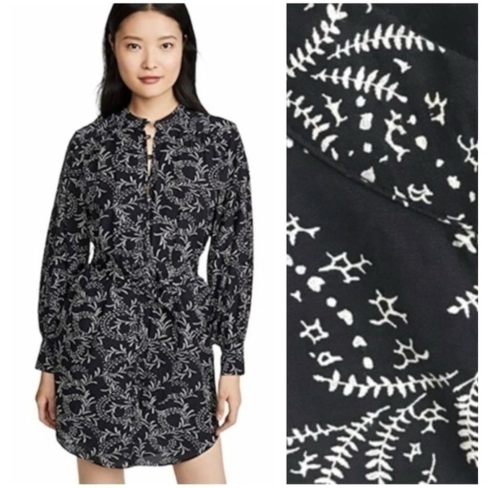 Joie Navy Blue White Leaf Print Long Drape Sleeve Brooklyn Mini Dress XS